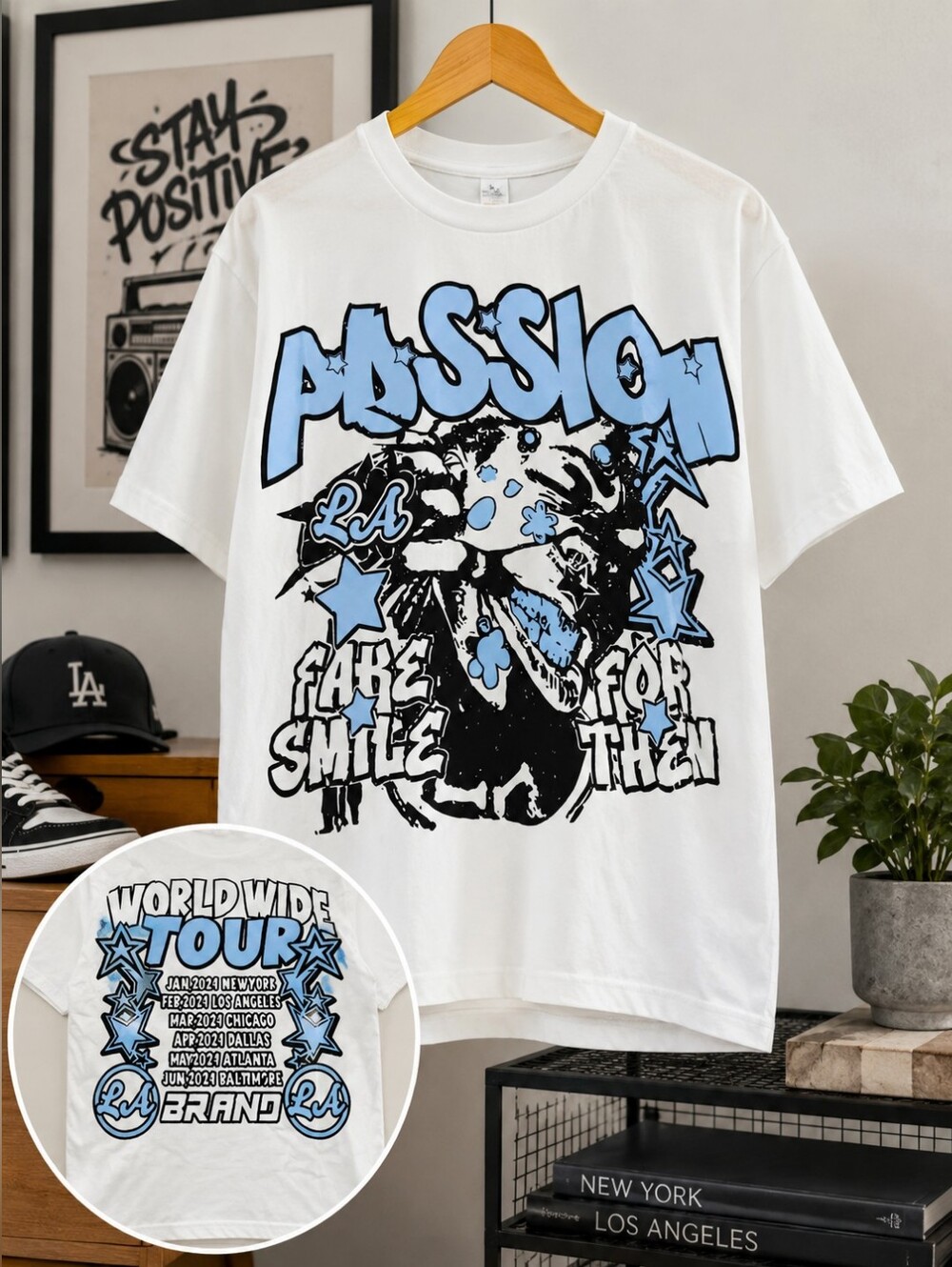 LA Brand Worldwide Tour Graphic T-Shirt White Blue Streetwear 100% Cotton Med